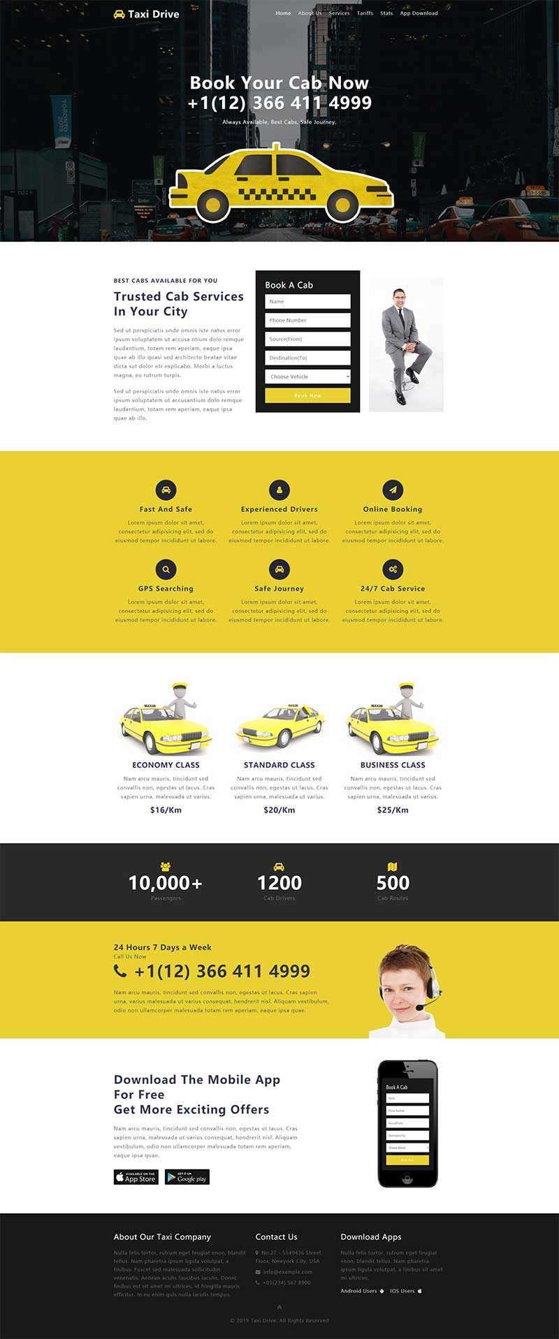 黄色出租车服务网站单页响应式网页html模板 - Hope`Chen资源网
