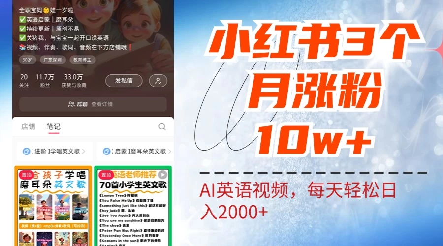 小红书三个月涨粉10W，AI英语视频0成本制作，每天轻松日入2000+ - Hope`Chen资源网