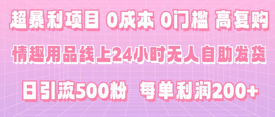 超暴利项目，情趣用品线上24小时-无人自助发货，0成本，0门槛，高复购，有手就能做，日引500粉，每单利润200+ - Hope`Chen资源网