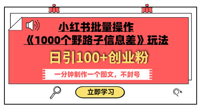 小红书批量操作《 1000 个野路子信息差》玩法，日引 100+ 创业粉，一分钟一个图文 - Hope`Chen资源网
