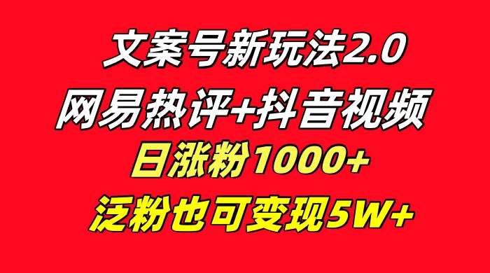 文案号新玩法，网易热评+抖音文案 一周轻松涨粉 5W+ 多种变现模式 - Hope`Chen资源网